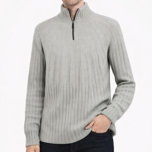 Iceberg Wool and Mohair Mock Neck Quarter-Zip Ribbed Pullover Sweater in Gray